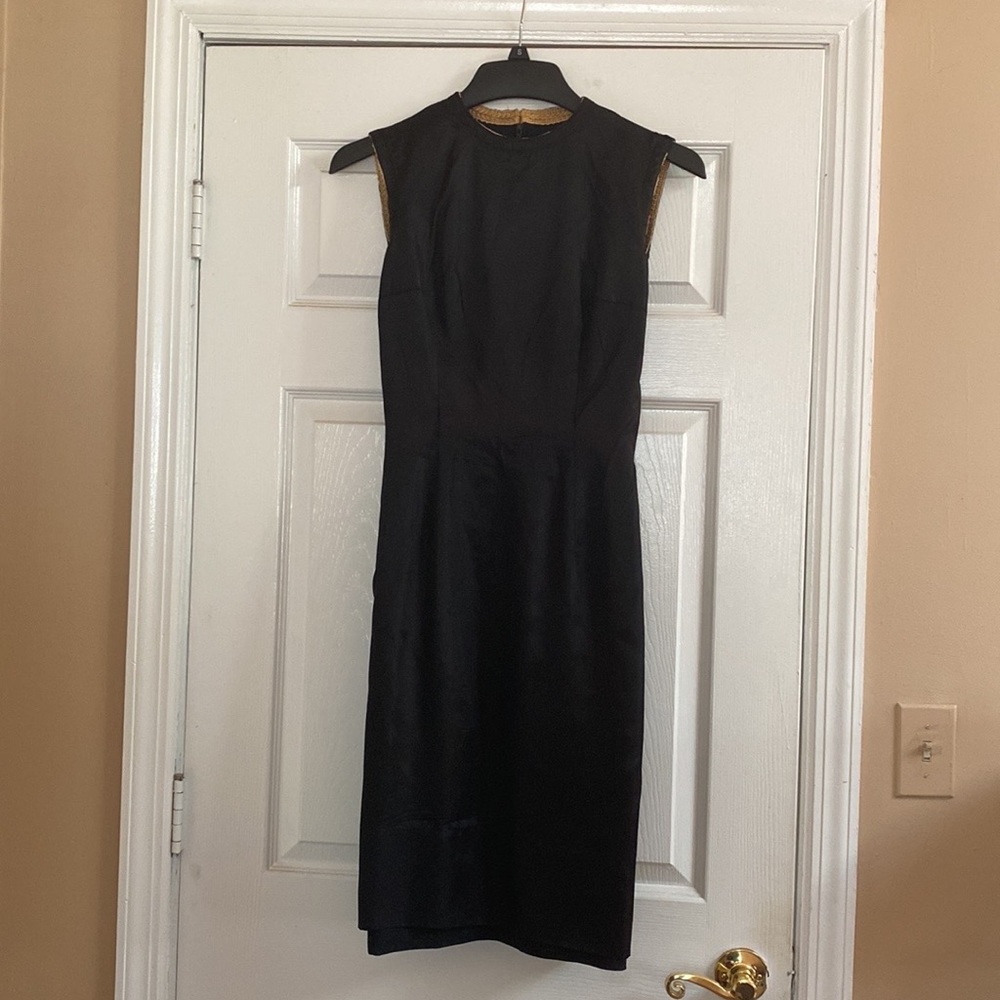 VTG 1960’s Black Linen Wiggle Dress Gold Trim - Picture 12 of 14
